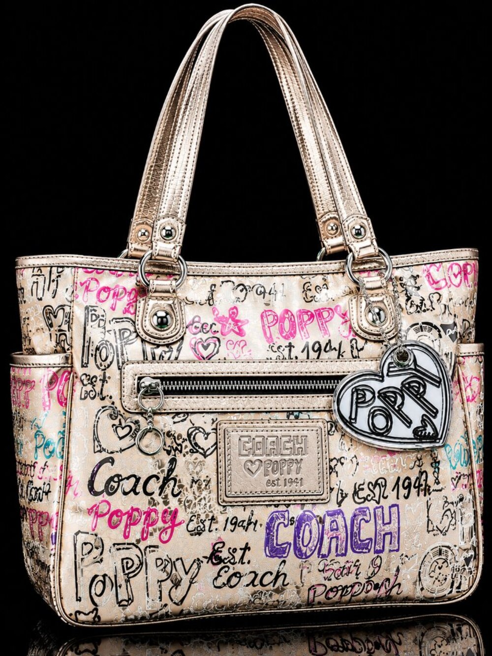COACH Poppy Graffiti Heart Mirror Acrylic Bag Charm Keychain Silver Y2K Rare - Picture 2 of 9